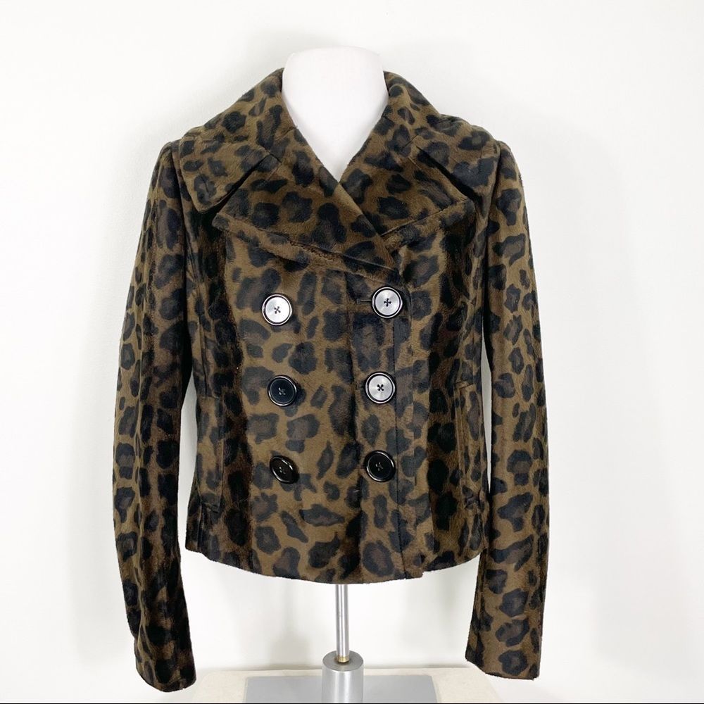 INC International Concepts Faux Fur Leopard Print Crop Peacoat